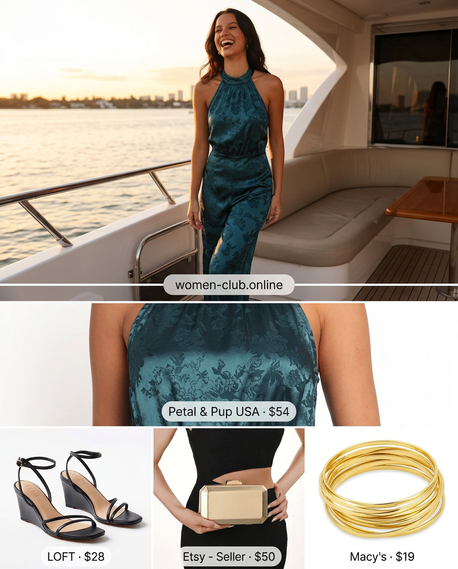 Sunset Cruise Chic outfit with teal jumpsuit, black platform wedges, and gold accessories. What to wear with platform sandals summer 2026.