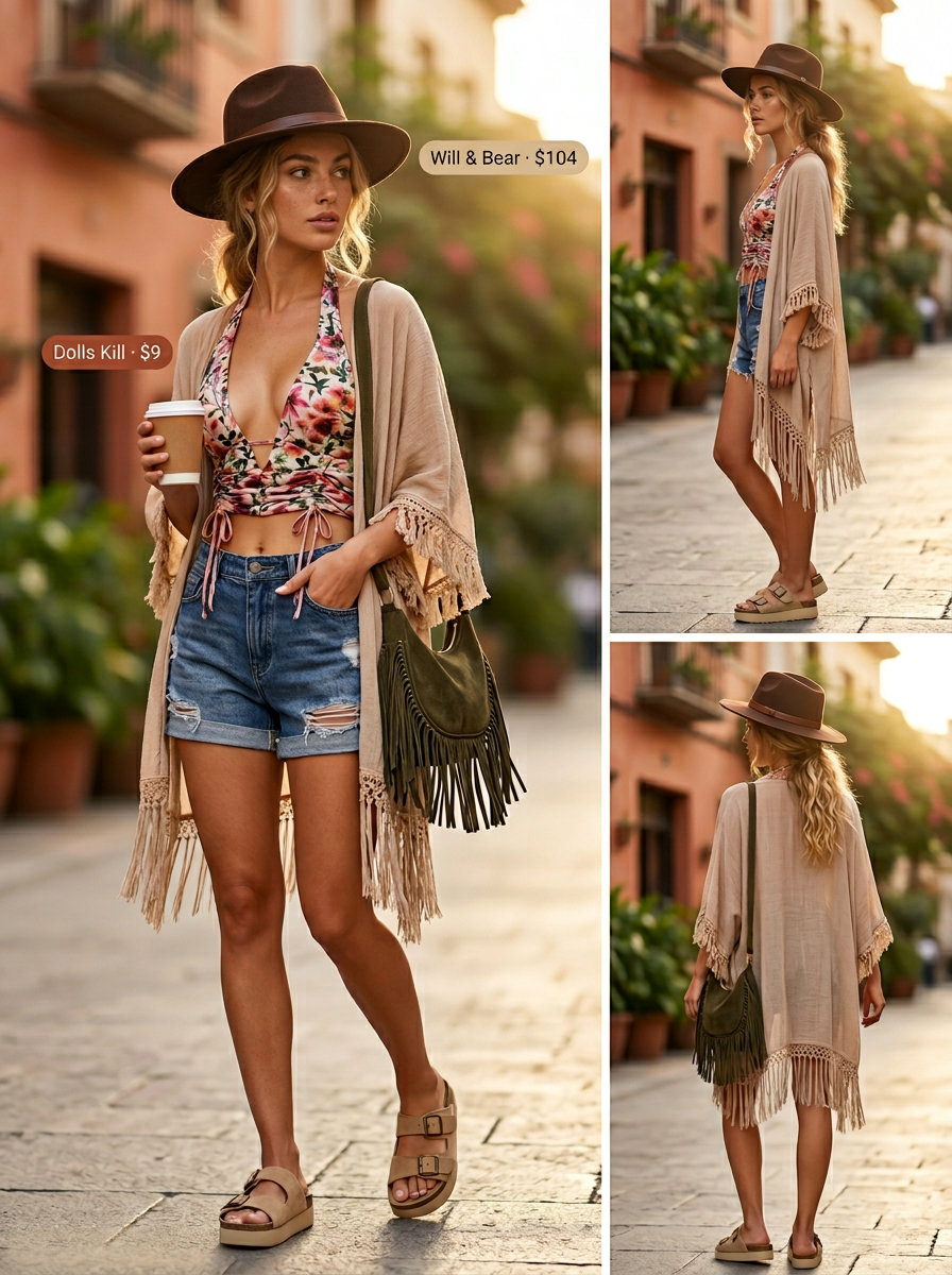 Festival Ready outfit with distressed denim shorts, printed crop top, and suede platform sandals. What to wear with platform sandals summer 2026.