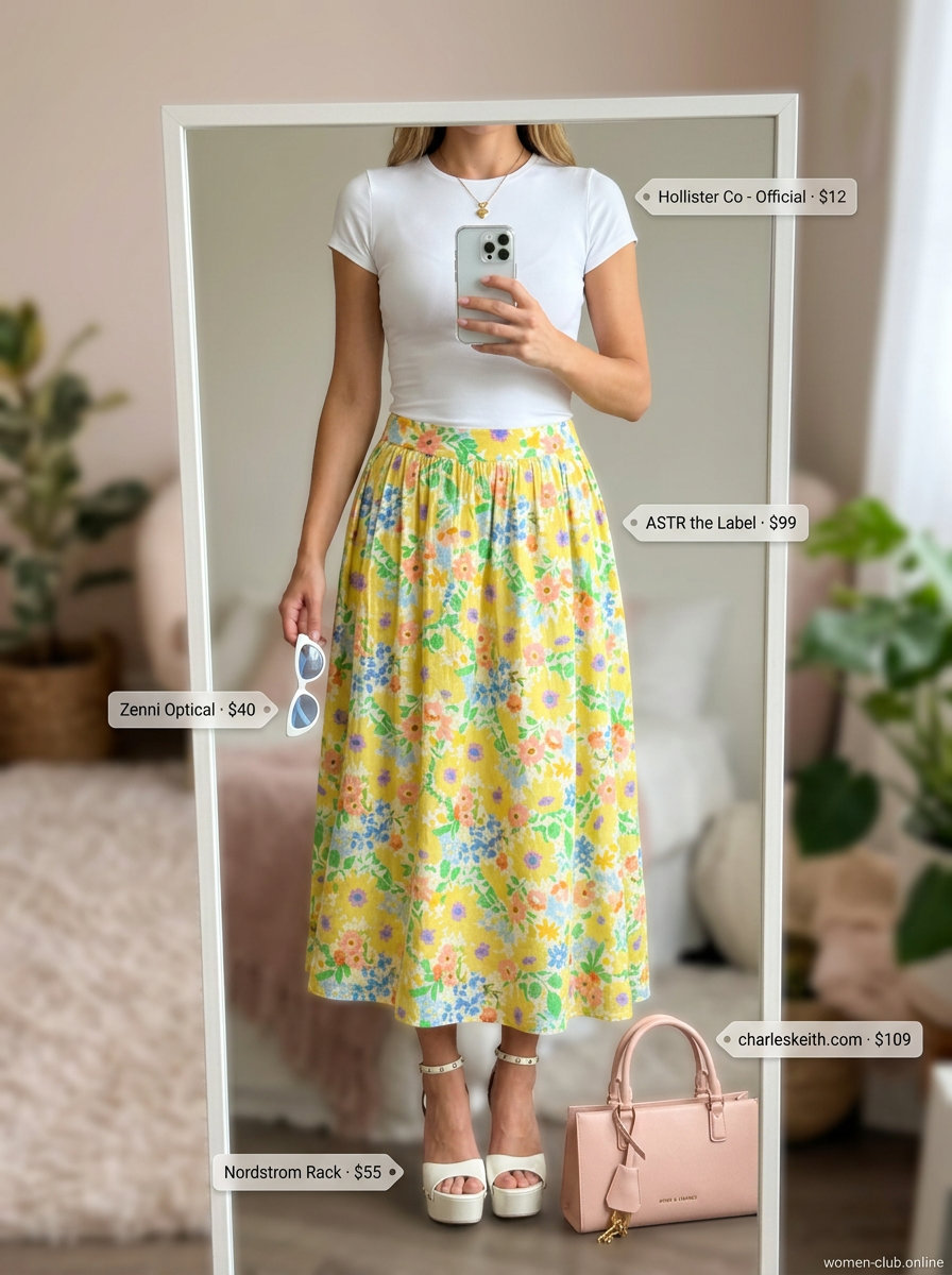 What to Wear with Platform Sandals Summer 2026: Yellow floral skirt, white tee, white platform sandals, and cat-eye sunglasses.