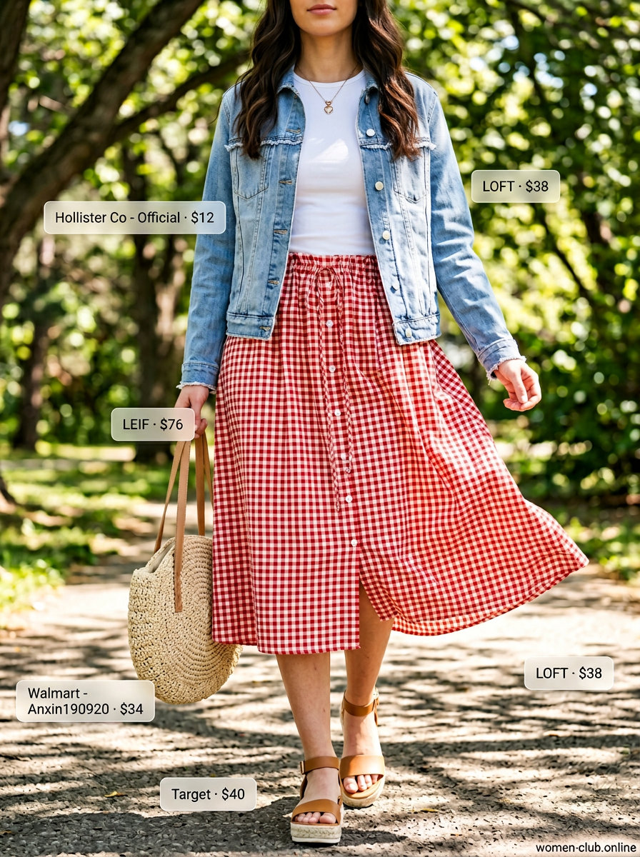 What to Wear with Platform Sandals Summer 2026: Gingham skirt, white tee, tan espadrille sandals for garden party.