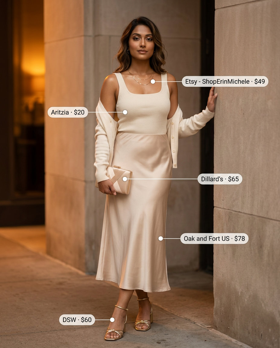What to Wear with Platform Sandals Summer 2026: Champagne satin skirt, cream tank, gold platform sandals for evening.