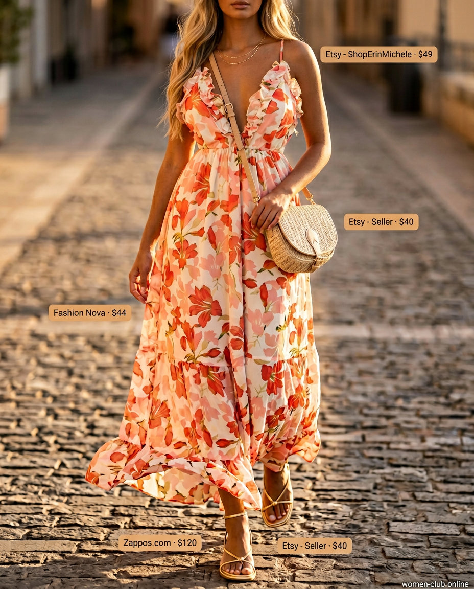 What to Wear with Platform Sandals Summer 2026: Coral floral maxi dress, gold flat sandals for a vacation dinner.