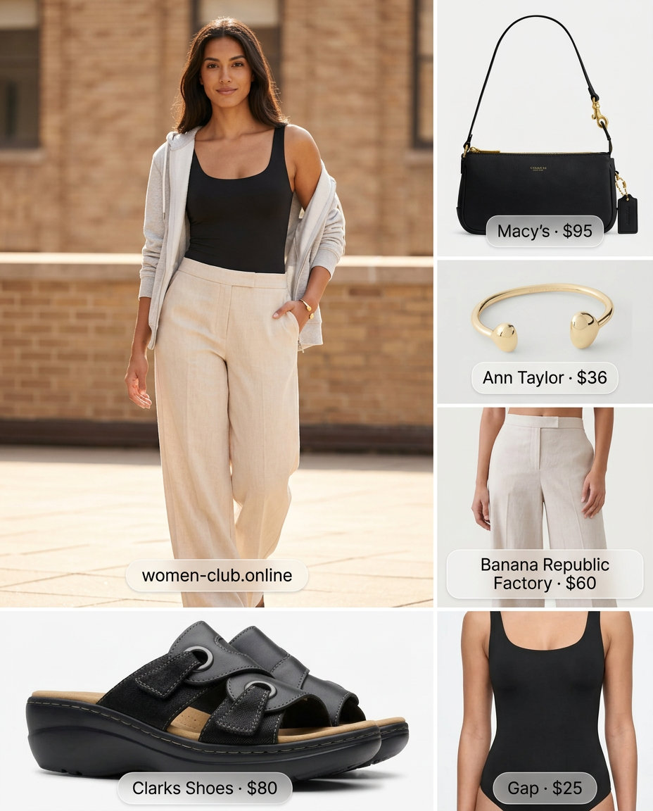 What to Wear with Platform Sandals Summer 2026: Cream linen pants, black bodysuit, black platform sandals, and gold cuff.