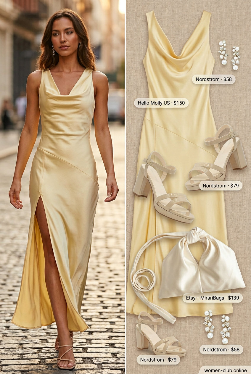 What to Wear with Platform Sandals Summer 2026: Golden yellow maxi dress, cream platform sandals, and statement earrings.