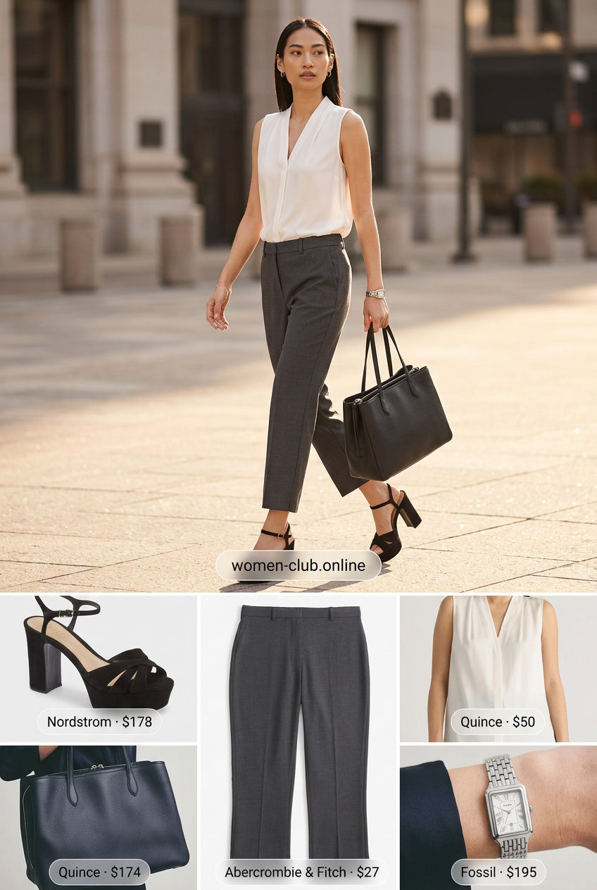 Summer Office Ready outfit with grey capri pants, white blouse, and black platform sandals. What to wear with platform sandals summer 2026.
