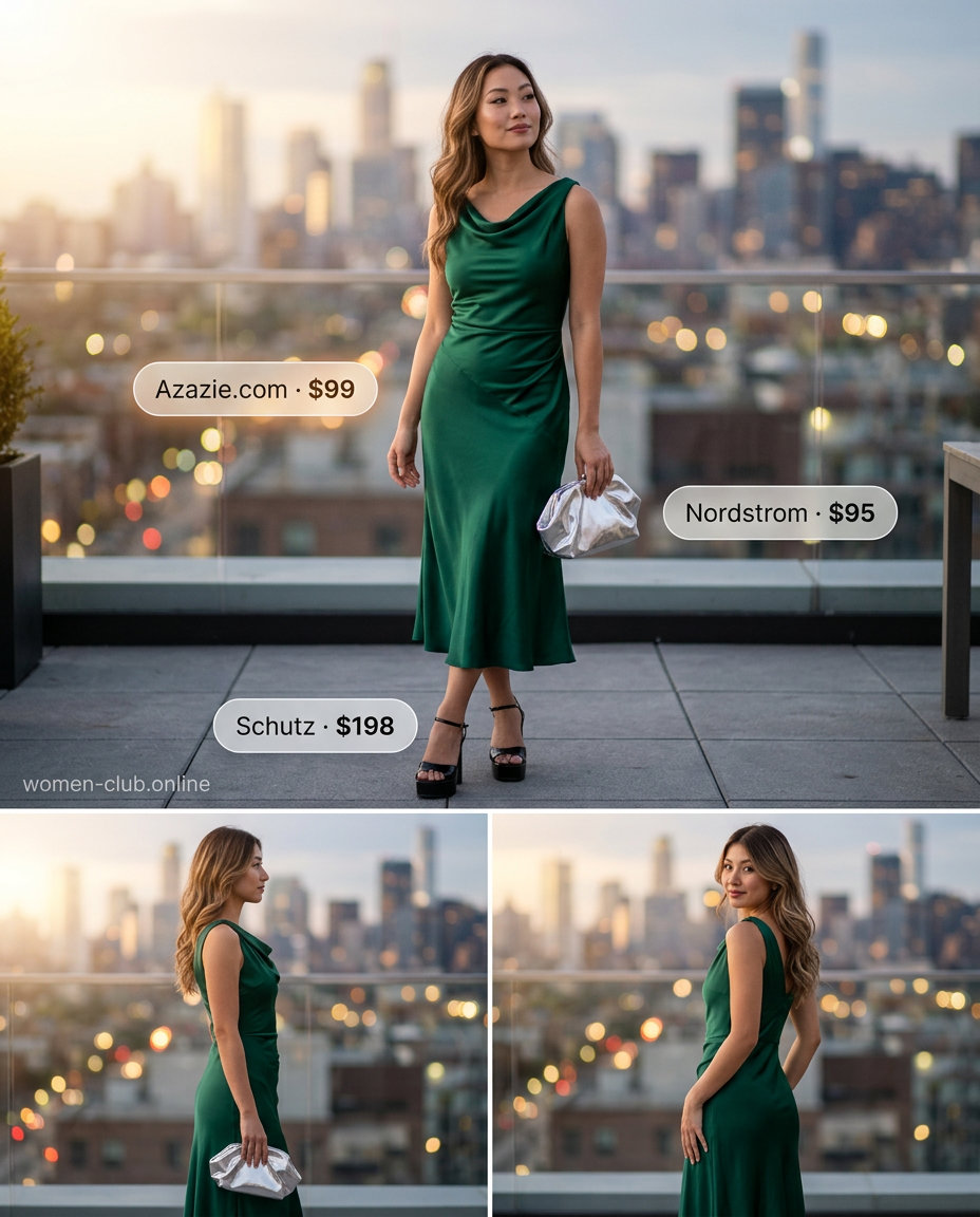 What to Wear with Platform Sandals Summer 2026: Emerald green slip dress, black platform heels, and silver clutch.