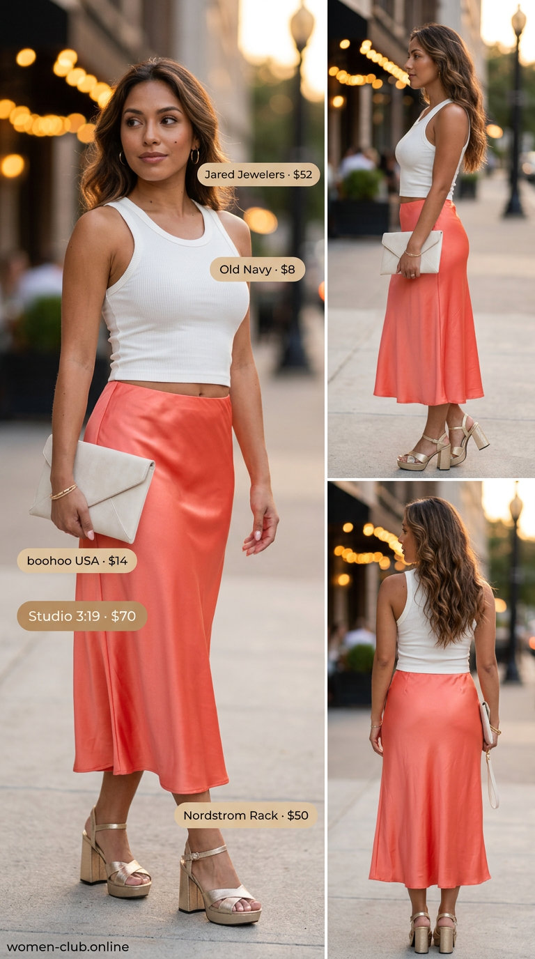 Sunset Cruise Ready outfit with coral skirt, white tank, and gold platform sandals. What to wear with platform sandals summer 2026.
