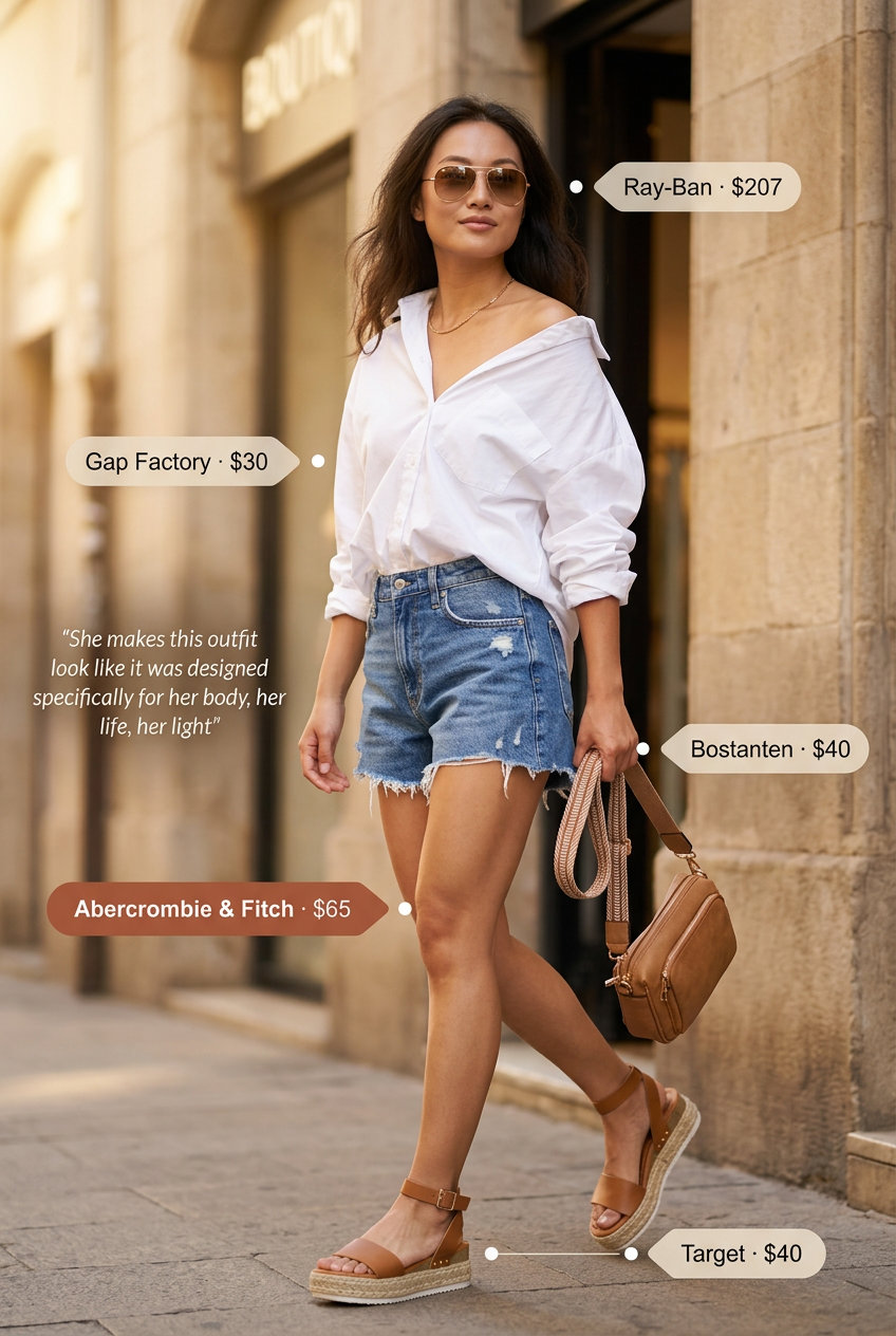 What to Wear with Platform Sandals Summer 2026: Denim shorts, white shirt, tan espadrille sandals for casual day.
