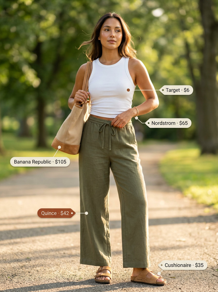 What to Wear with Platform Sandals Summer 2026: Olive linen pants, white tank, and tan slides for weekend errands.