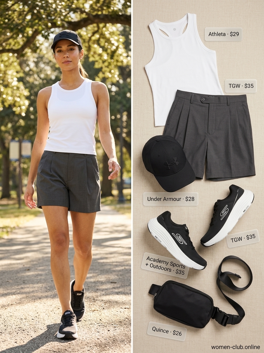 Athleisure: What to Wear with Pleated Shorts Summer 2026 for active days with charcoal grey shorts, tank top, and sneakers.