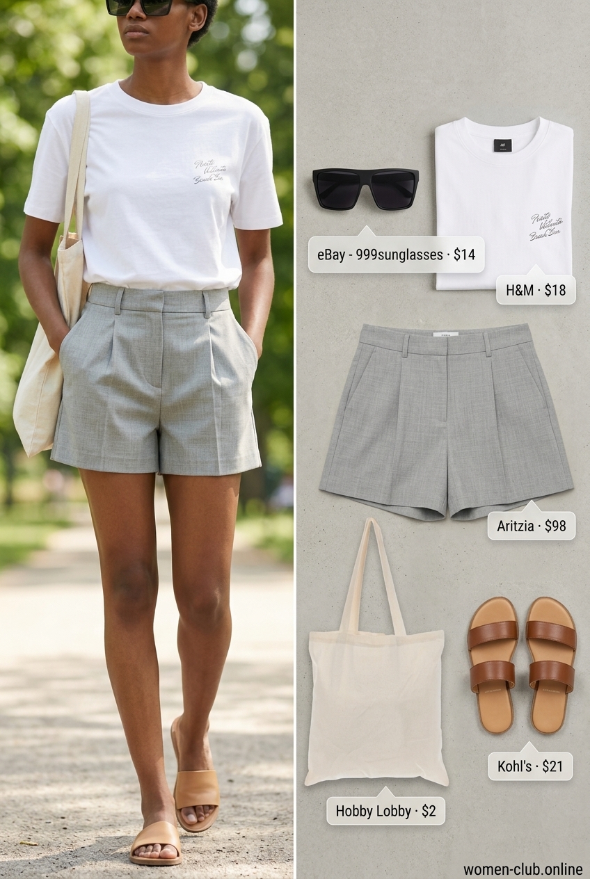 Casual Comfort: What to Wear with Pleated Shorts Summer 2026 for errands with light grey shorts, graphic tee, and slides.