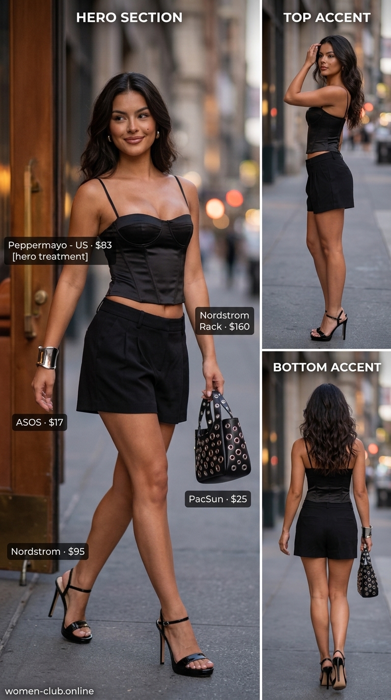 City Chic: What to Wear with Pleated Shorts Summer 2026 for evenings with black shorts, corset top, and heeled sandals.