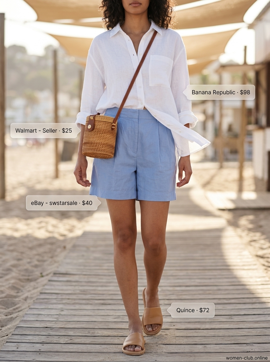 Light blue pleated shorts outfit with white linen shirt and straw bag for a coastal summer travel look.