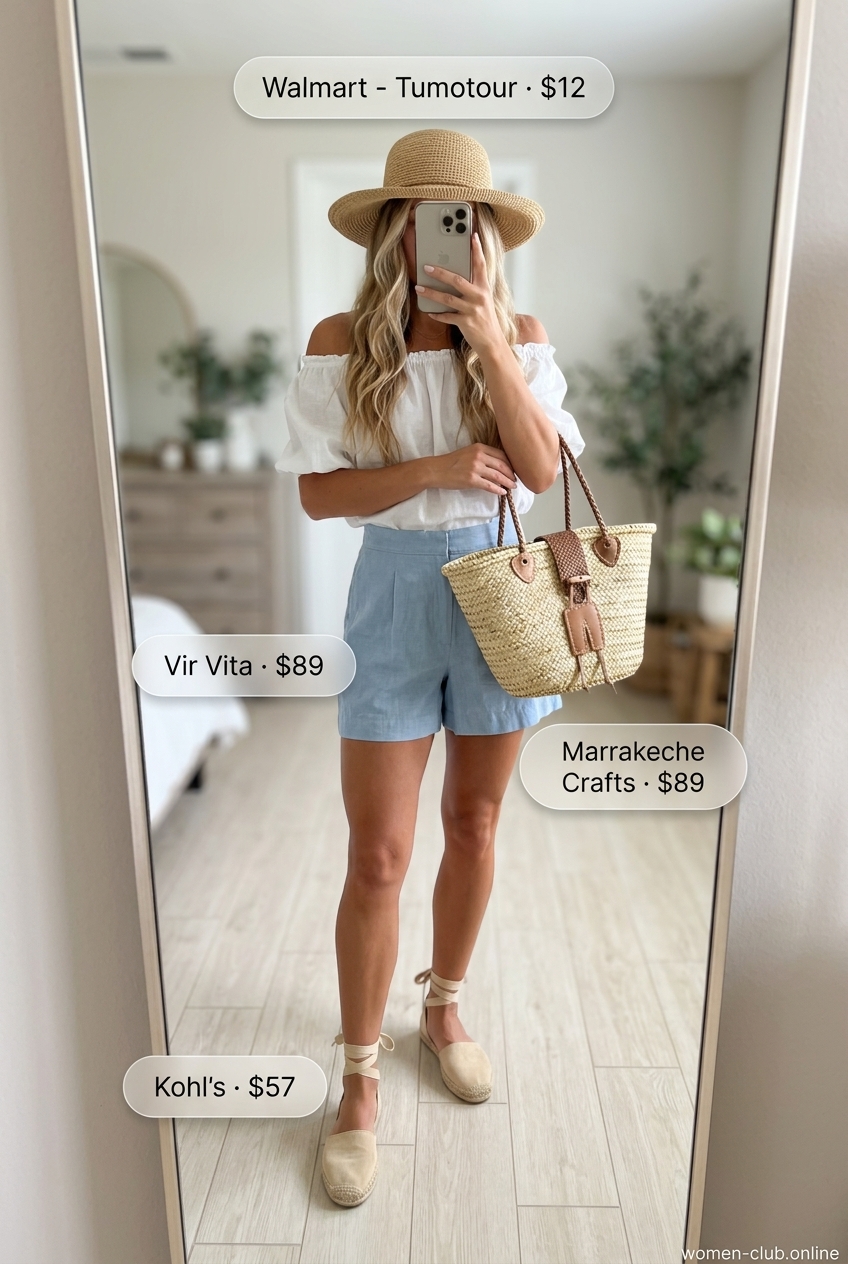 Coastal Breeze: What to Wear with Pleated Shorts Summer 2026 for a beach day outfit with light blue shorts, cream top, and straw hat.