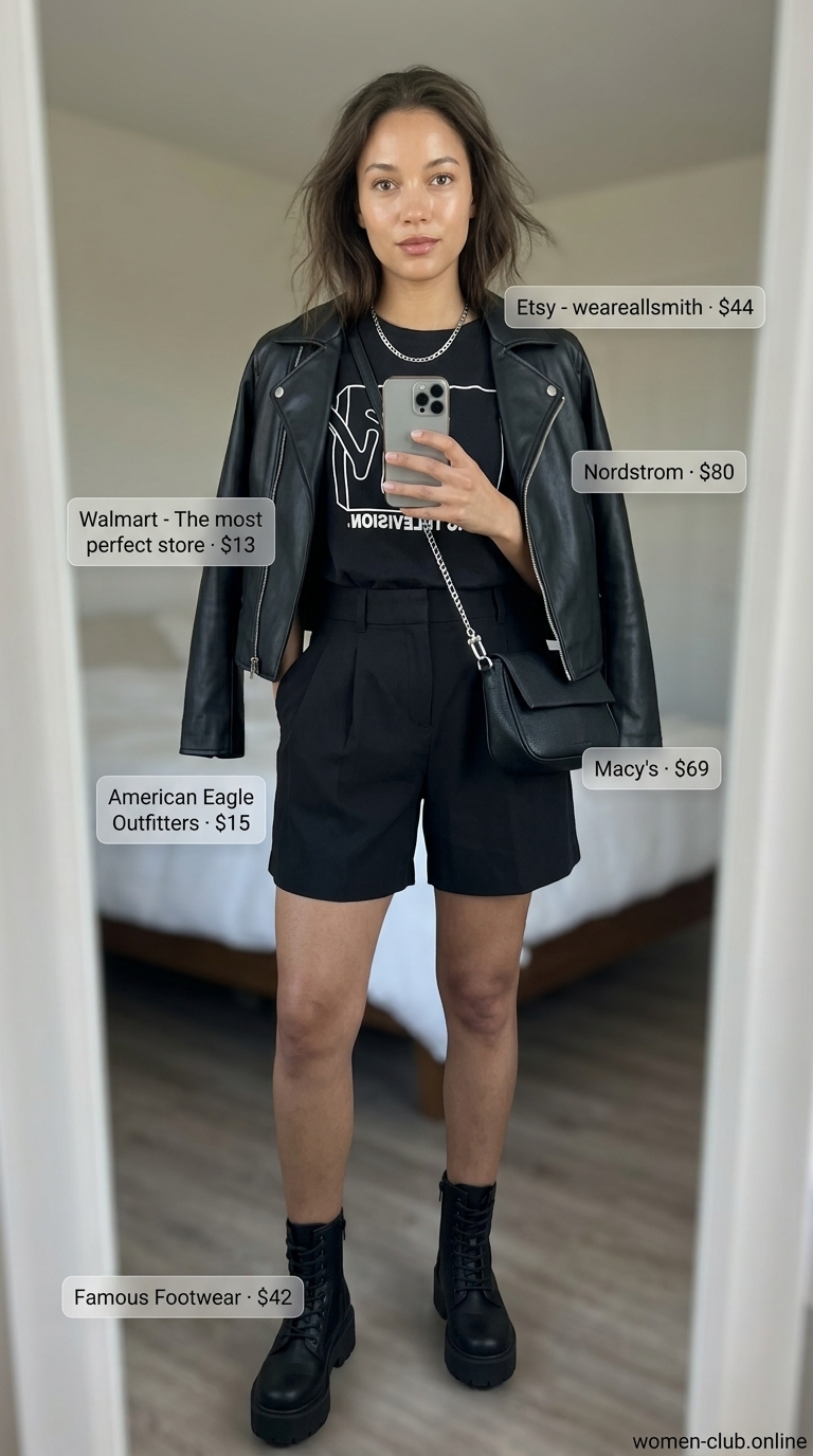 Black pleated shorts outfit with graphic tee, moto jacket, and combat boots for an edgy summer concert look.