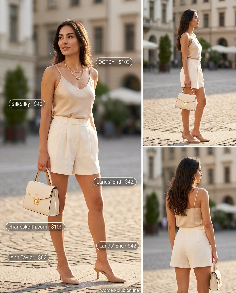 Cream pleated shorts outfit with silk camisole and kitten heels for an elevated summer event look.