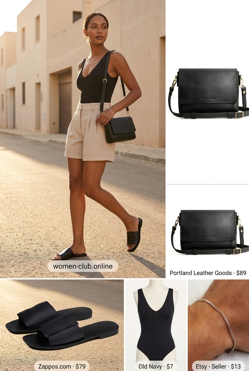 Beige pleated shorts outfit with black bodysuit and slide sandals for a minimalist chic look.