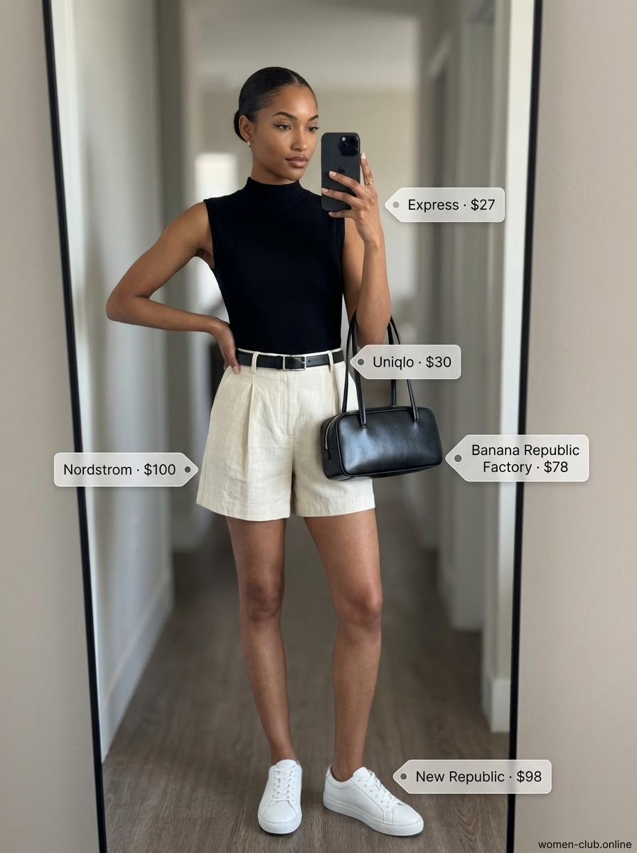 Cream pleated shorts outfit with black mock neck bodysuit and white sneakers for a minimalist chic look.