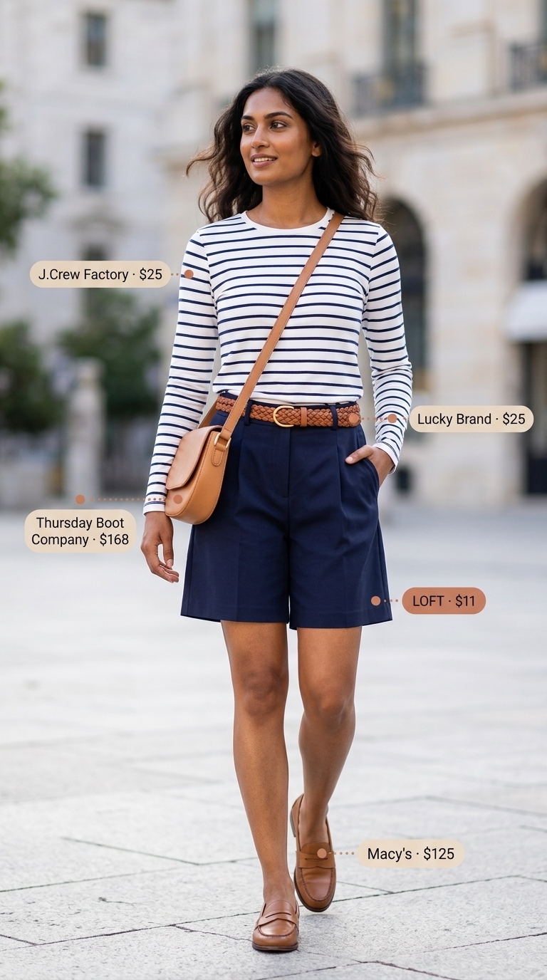 What to Wear with Pleated Shorts Summer 2026: Navy pleated shorts, Breton top, loafers for a preppy summer day.