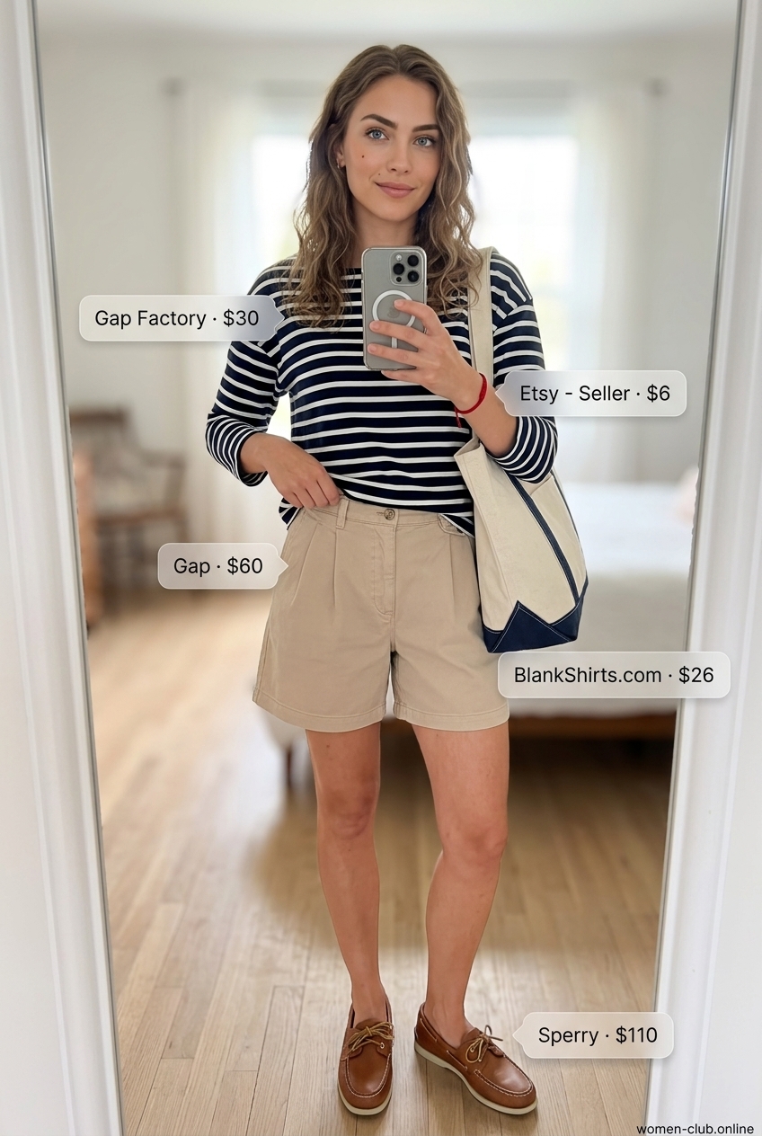 Preppy Summer: What to Wear with Pleated Shorts Summer 2026 for a nautical look with beige shorts, striped tee, and boat shoes.
