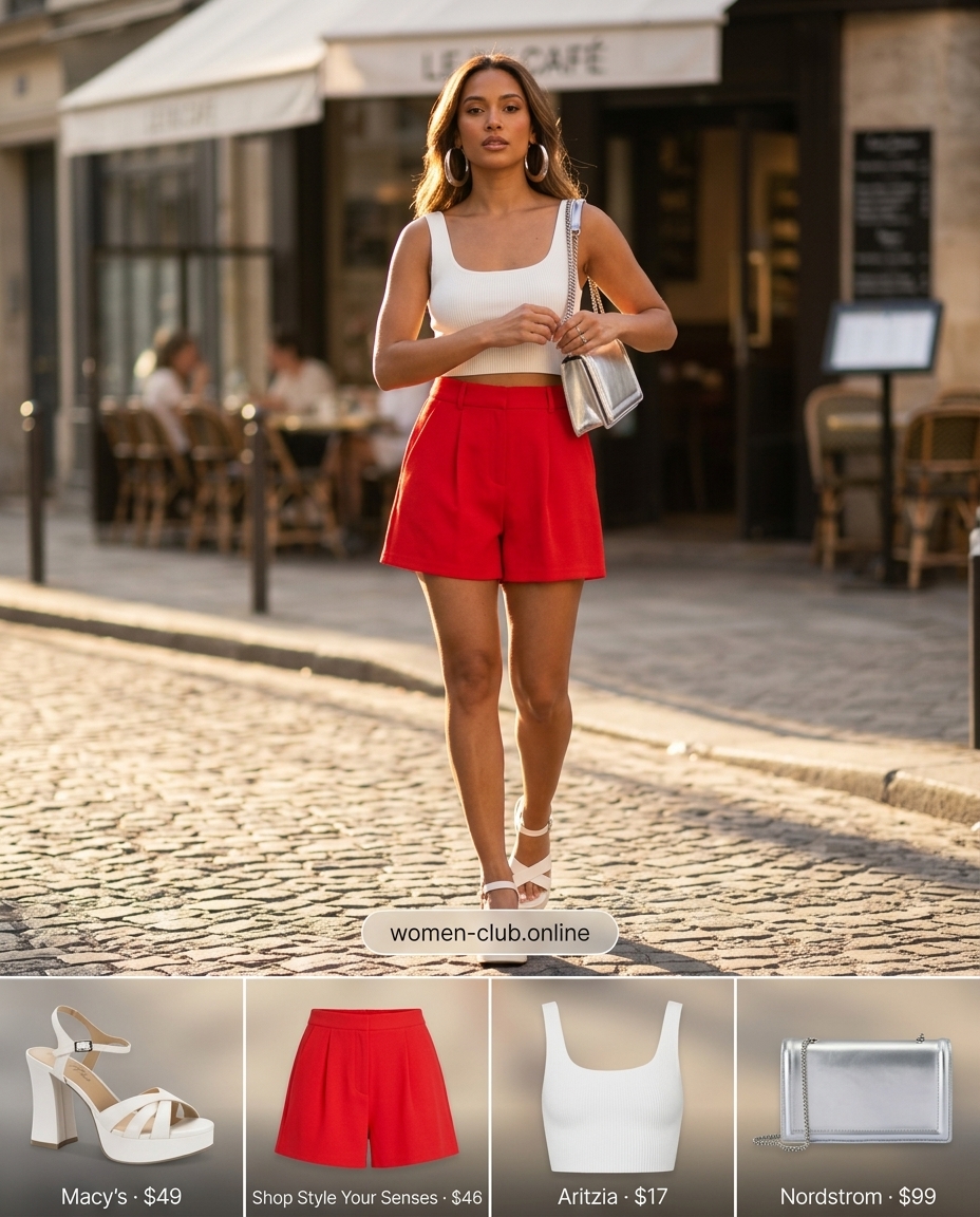 What to Wear with Pleated Shorts Summer 2026: Bright red shorts, white crop top, platform sandals for a trendy look.