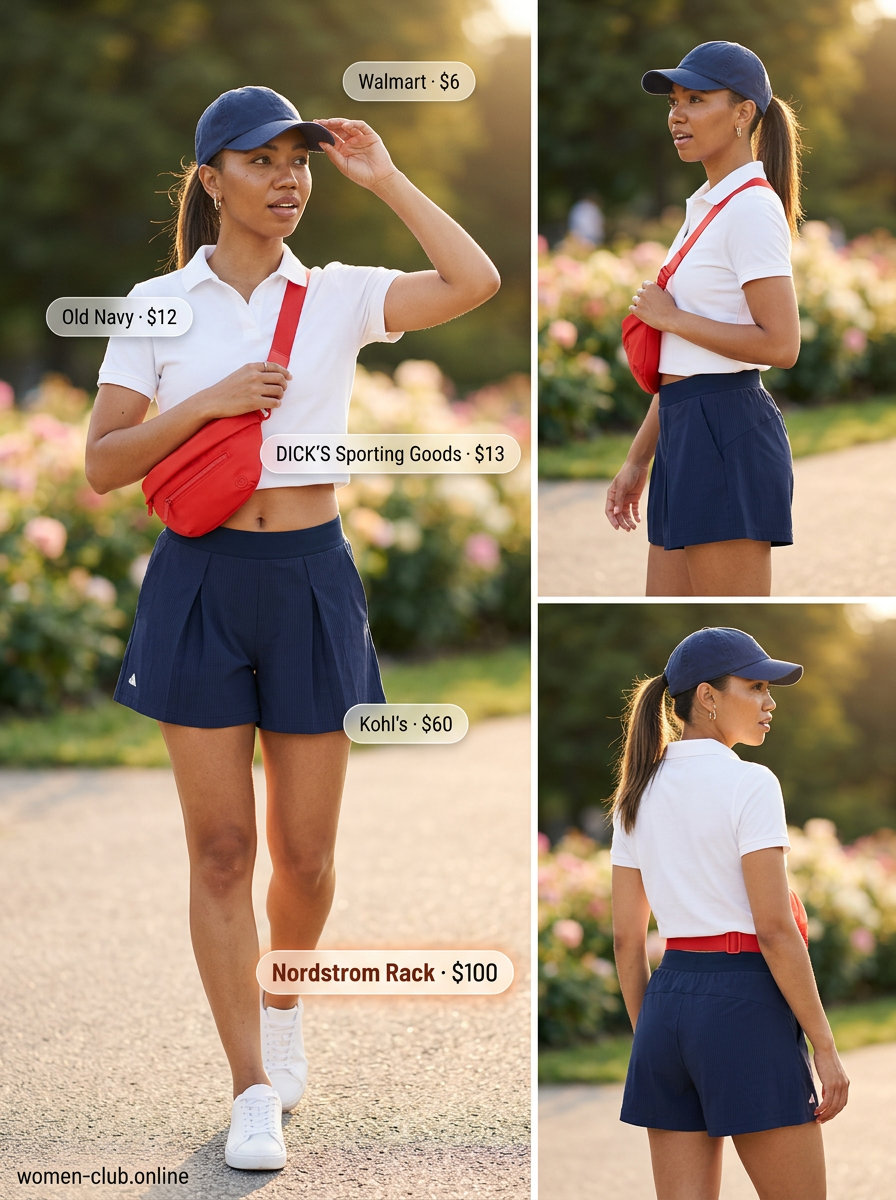 Navy athletic pleated shorts outfit with white polo and tennis trainers for a sporty summer day.