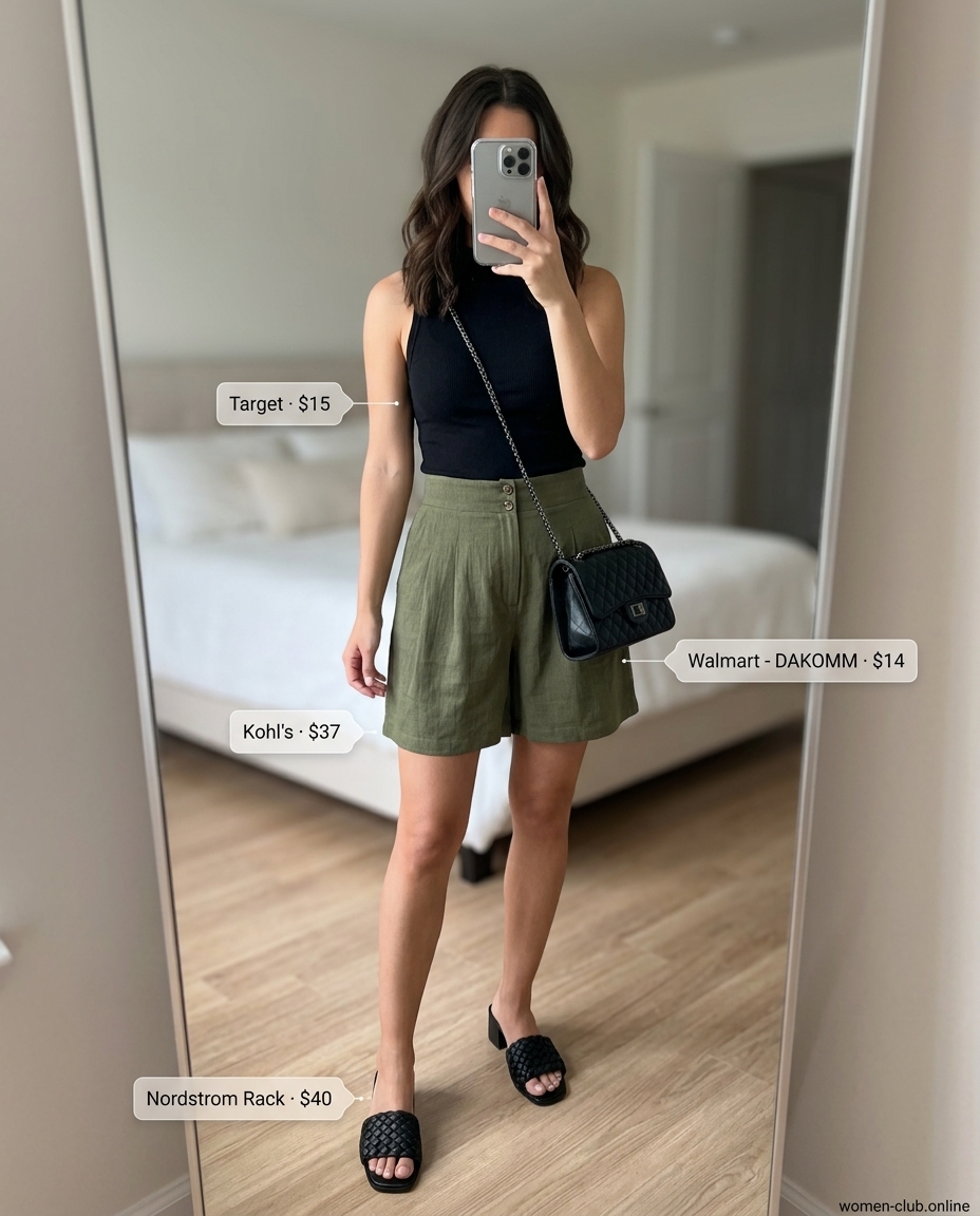 Weekend Brunch: What to Wear with Pleated Shorts Summer 2026 for a chic lunch with olive green shorts, knit top, and mules.