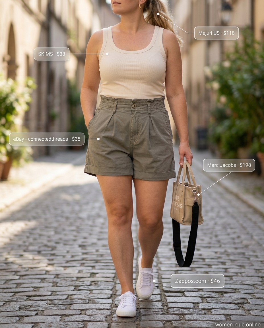 Olive green pleated shorts outfit with cream tank and white sneakers for a casual summer day out.