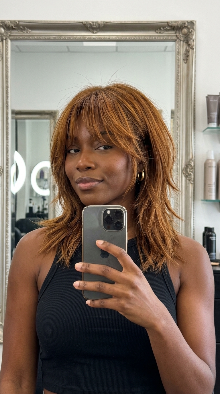 medium shag wildflower amber honey brown with wispy curtain bangs, choppy layers — edgy playful retro