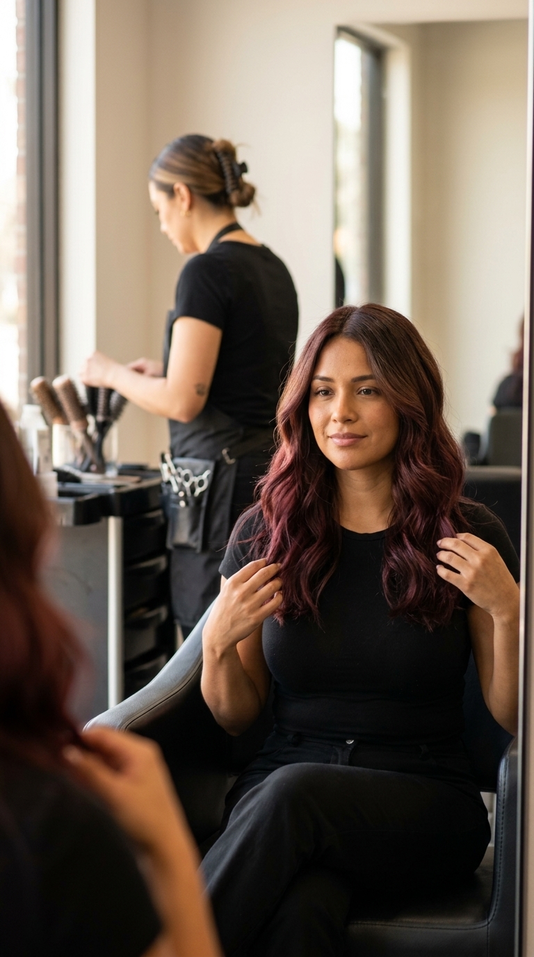 long wavy balayage with wine burgundy color, hand-painted technique, no fringe — bohemian summer