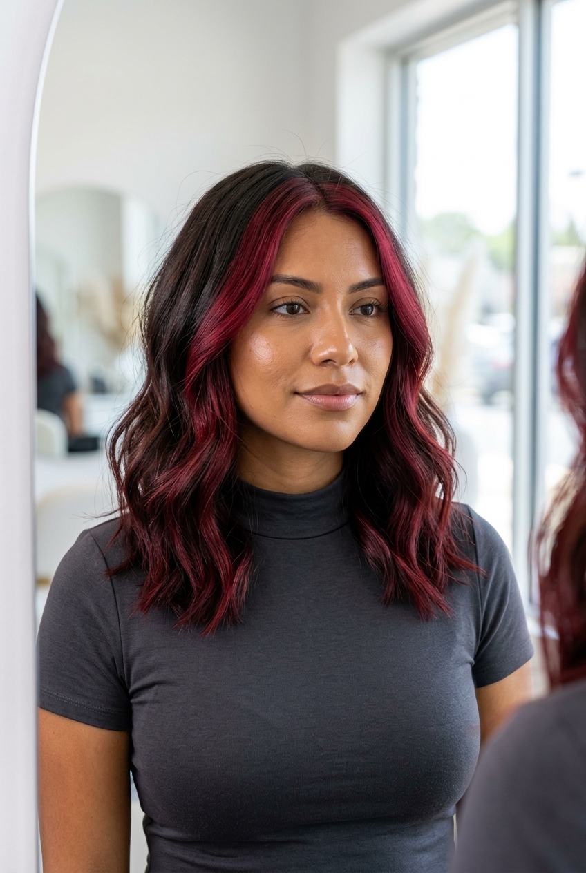 long layered wine red face-framing highlights on dark base for summer