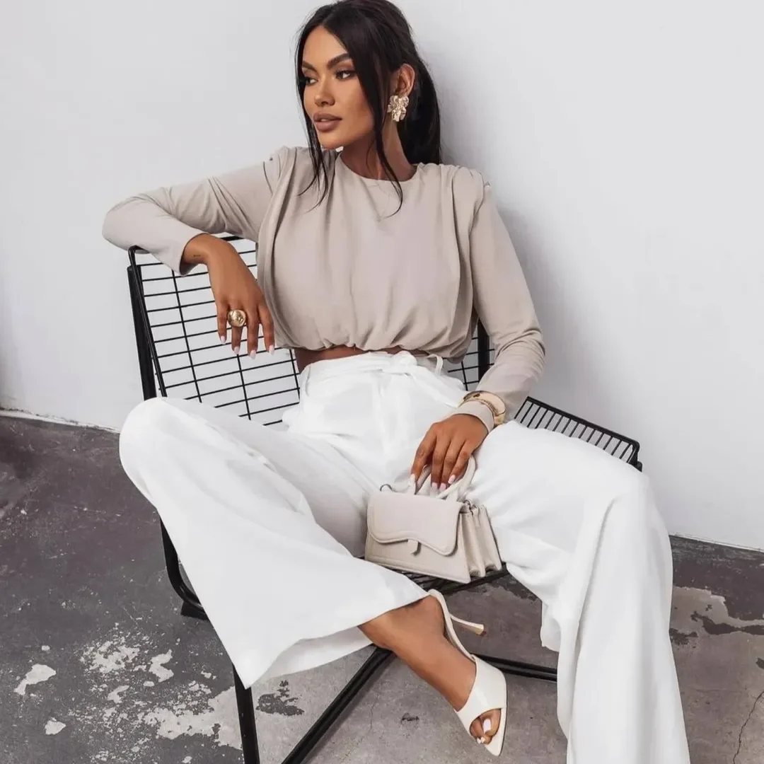 all pants outfits for women 2026 Soft Beige and White Wide-Leg Elegance