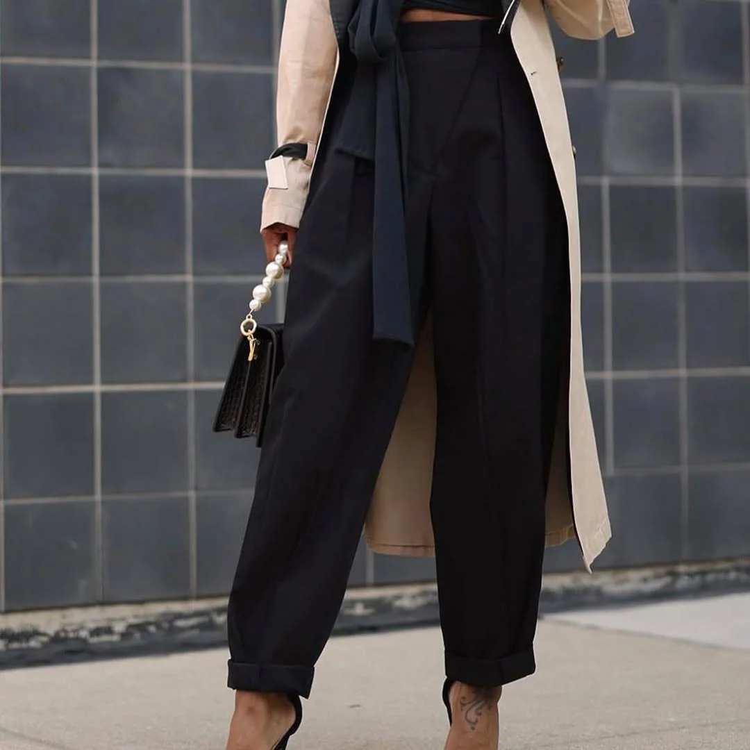 all pants outfits for women 2026 Black Tailored Pants With Modern Trench Styling