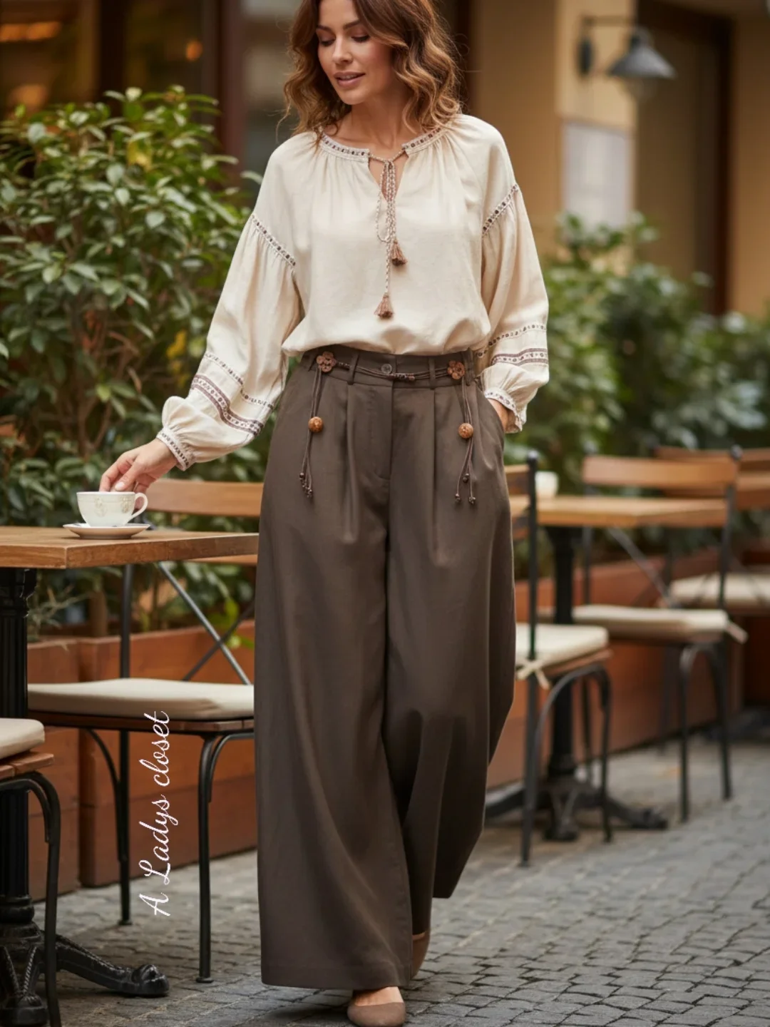 all pants outfits for women 2026 Dark Brown Relaxed Trousers With Romantic Details