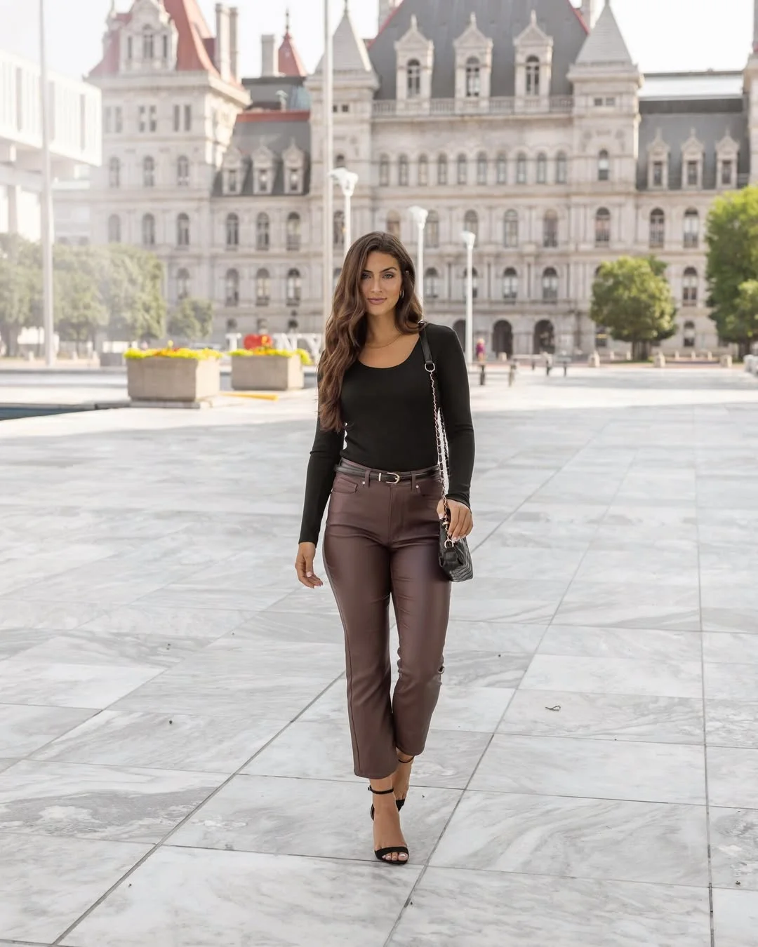 all pants outfits for women 2026 Dark Brown Leather Pants With Elegant Black Styling
