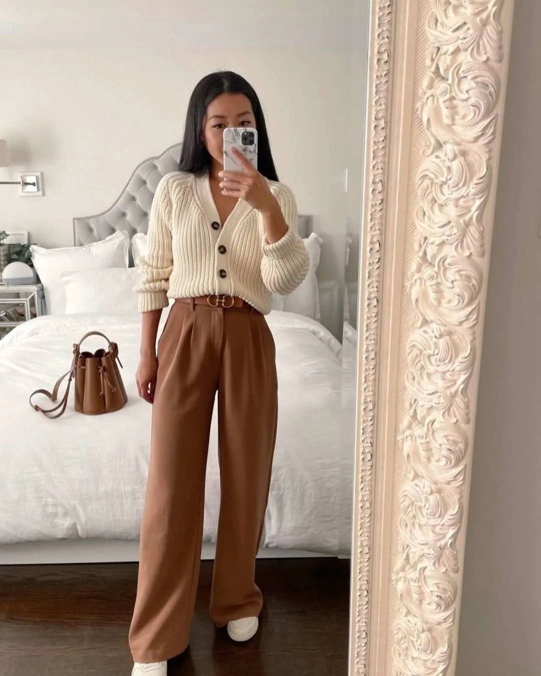 all pants outfits for women 2026 Cream Cardigan and Brown Wide-Leg Trousers for Quiet Luxury Style