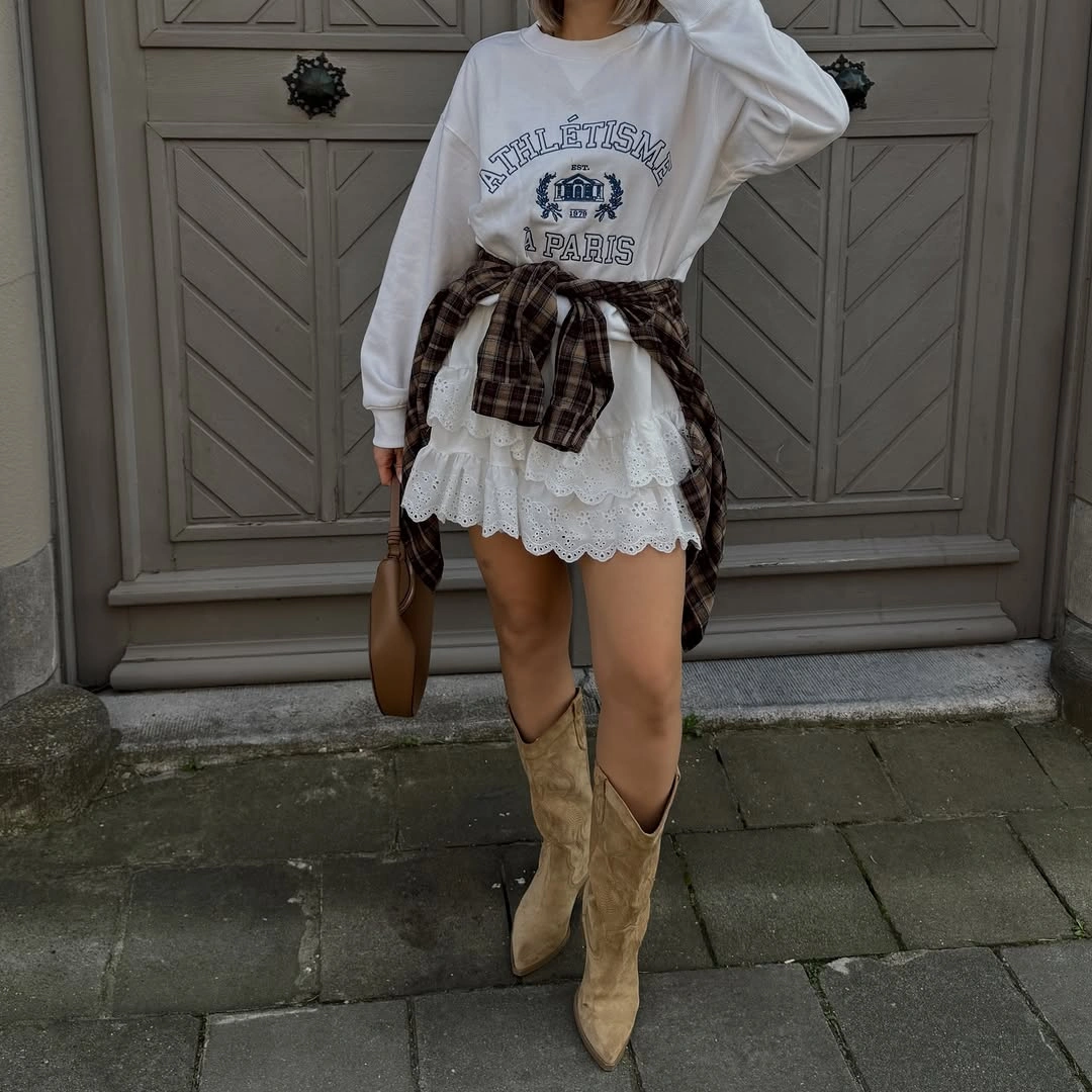 boho chic fall outfits 2026 Romantic Western Layers with Cowboy Boots