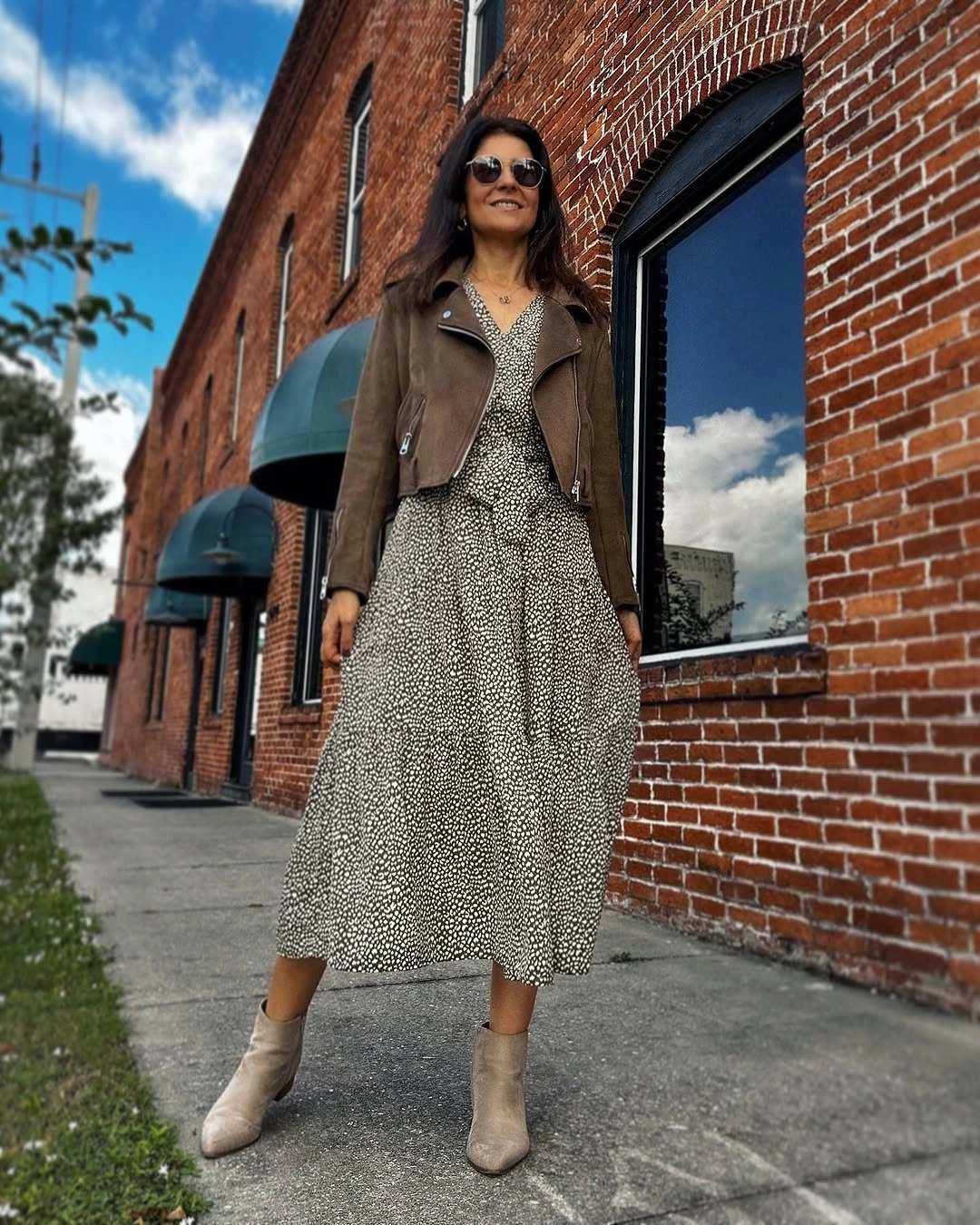 boho chic fall outfits 2026 Flowing Midi Dresses with a Soft Moto Jacket