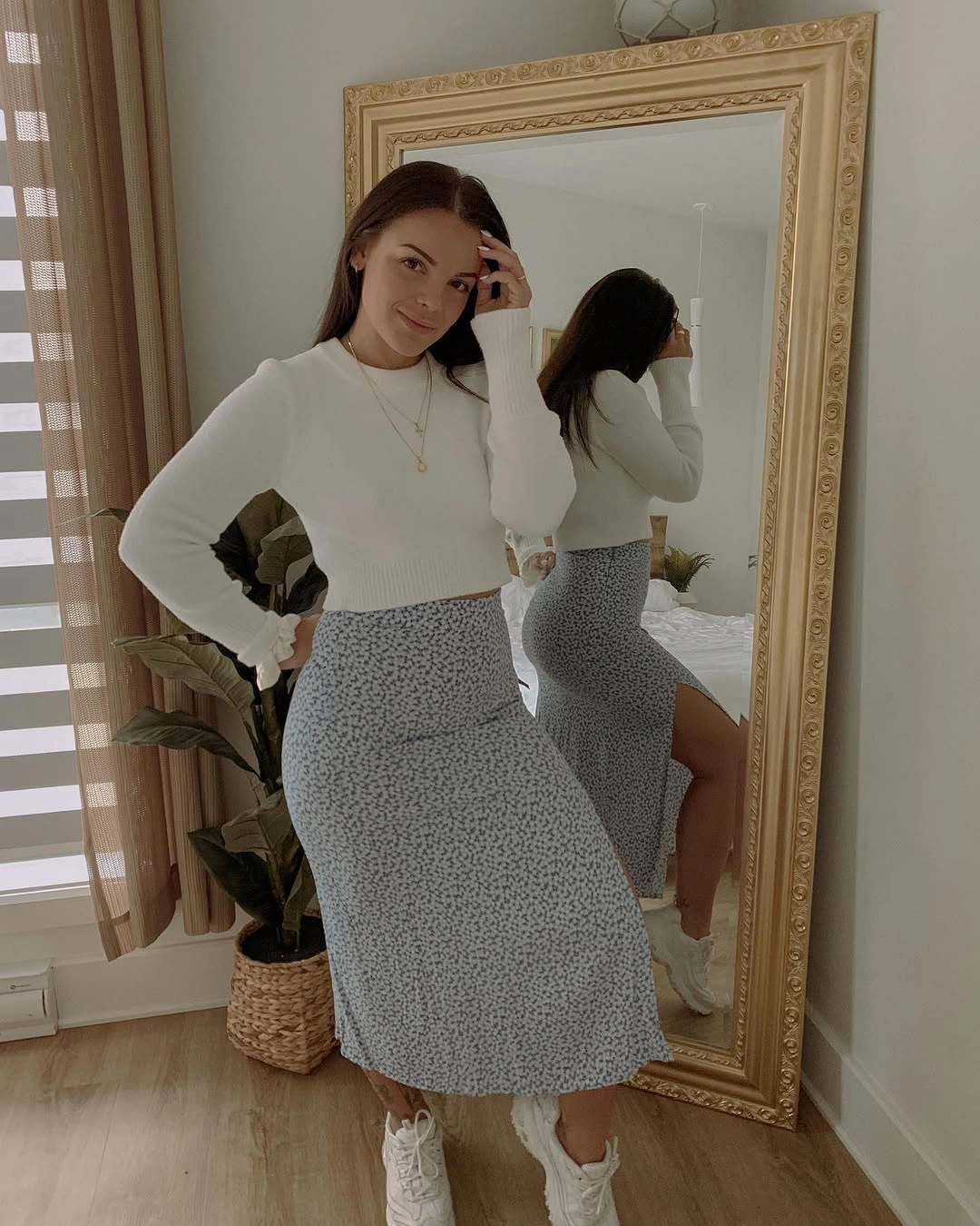 comfy fall outfits 2026 Soft Knit And Printed Midi For Easy Fall Mornings