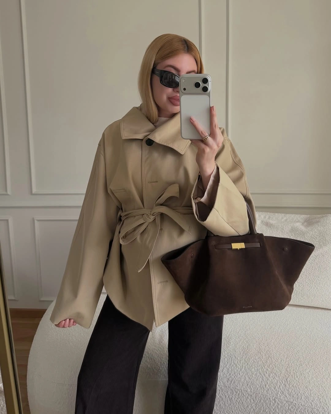 comfy fall outfits 2026 Cinched Trench And Wide Pants For Soft Minimalism