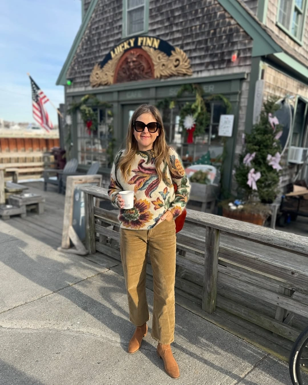 comfy fall outfits 2026 Floral Sweater And Corduroy Pants For Weekend Warmth