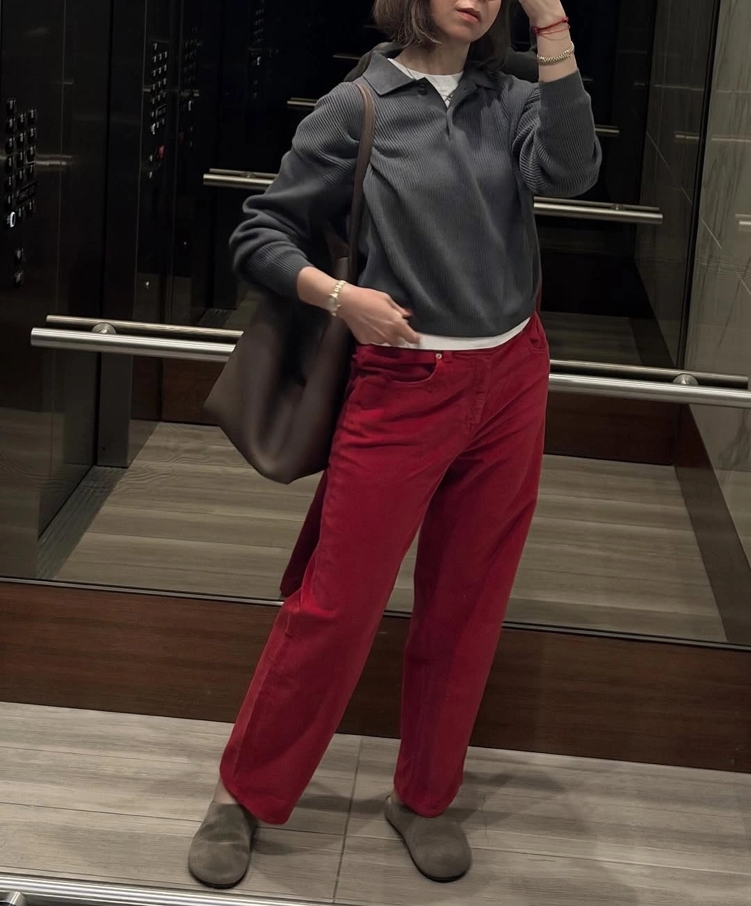 comfy fall outfits 2026 Gray Polo Knit And Red Pants For Casual Color