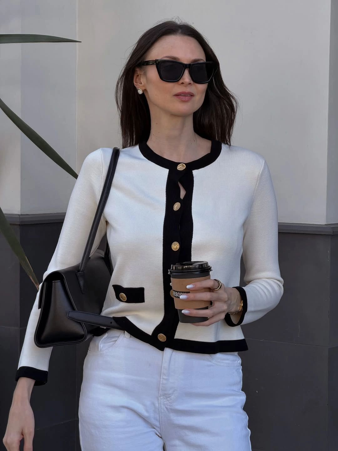 comfy fall outfits 2026 Black-Trim Cardigan And White Jeans For Clean Fall Polish