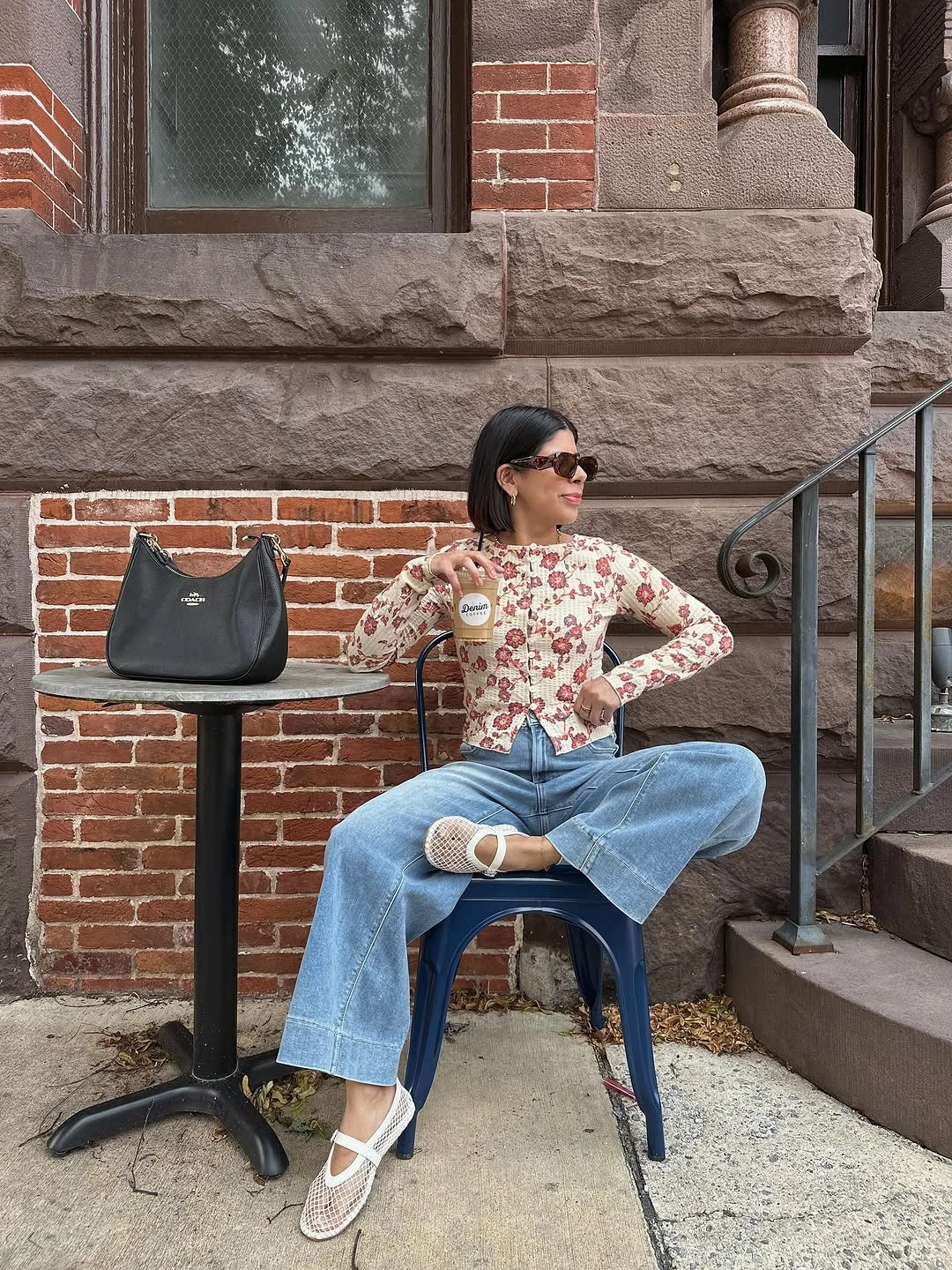 comfy fall outfits 2026 Floral Cardigan And Wide Jeans For Soft Warm-Weather Fall