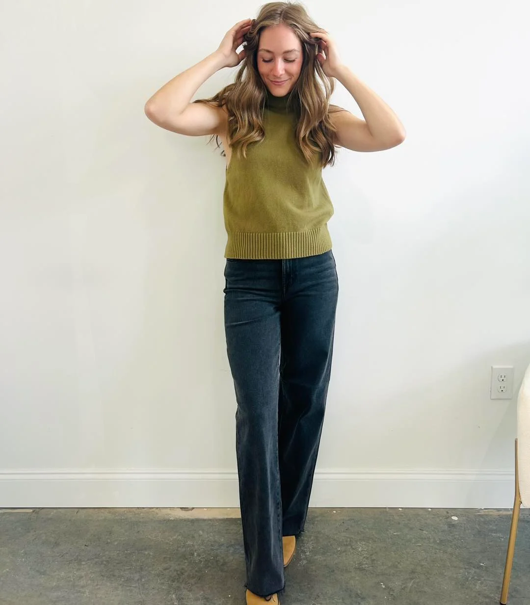 Early fall outfits ideas 2026 Olive Knit Layers And Dark Denim Energy