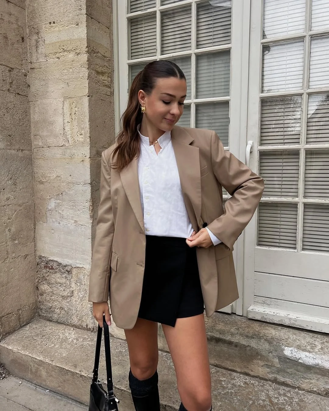 Fall blazer outfit inspo 2026 Classic Camel Blazer With Mini Skirt and Tall Boots