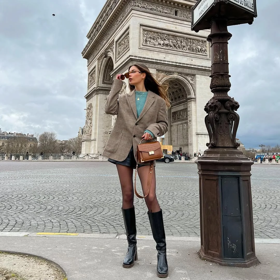Fall blazer outfit inspo 2026 Paris Inspired Plaid Blazer With Tall Black Boots