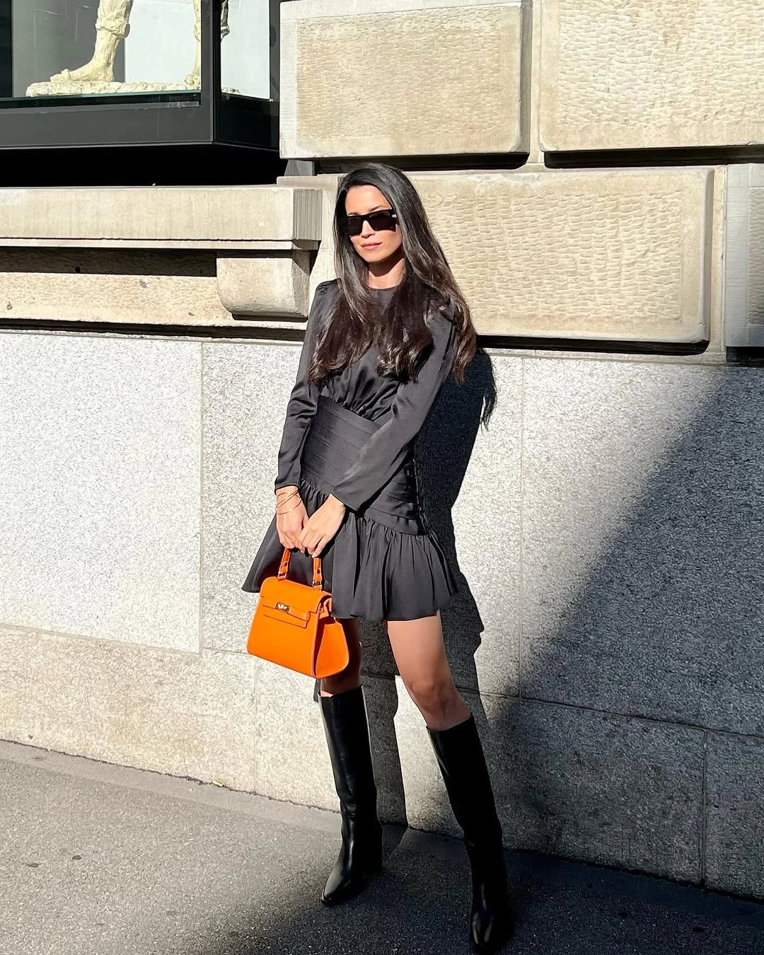 fall date night outfits 2026 Little Black Dress with Tall Boots and a Pop of Color