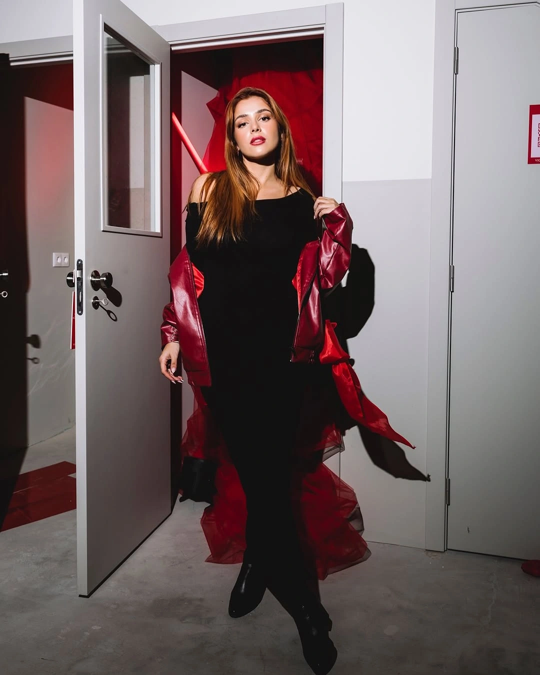 fall date night outfits 2026 A Bold Burgundy Jacket Gives the Classic Black Dress New Life