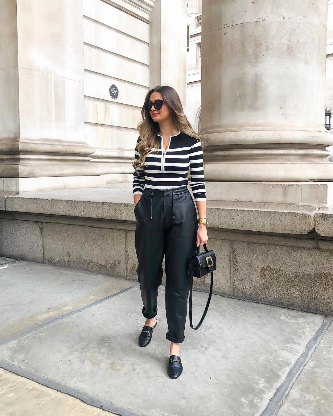 fall date night outfits 2026 Striped Knitwear and Leather Trousers for a Modern Casual Date